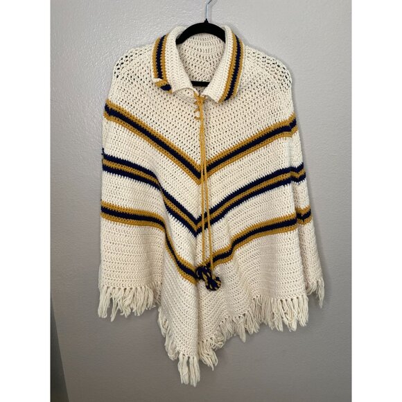 Handmade Knit Poncho With Collar & Fringe Cream one Size Fits Most Striped - Picture 3 of 4